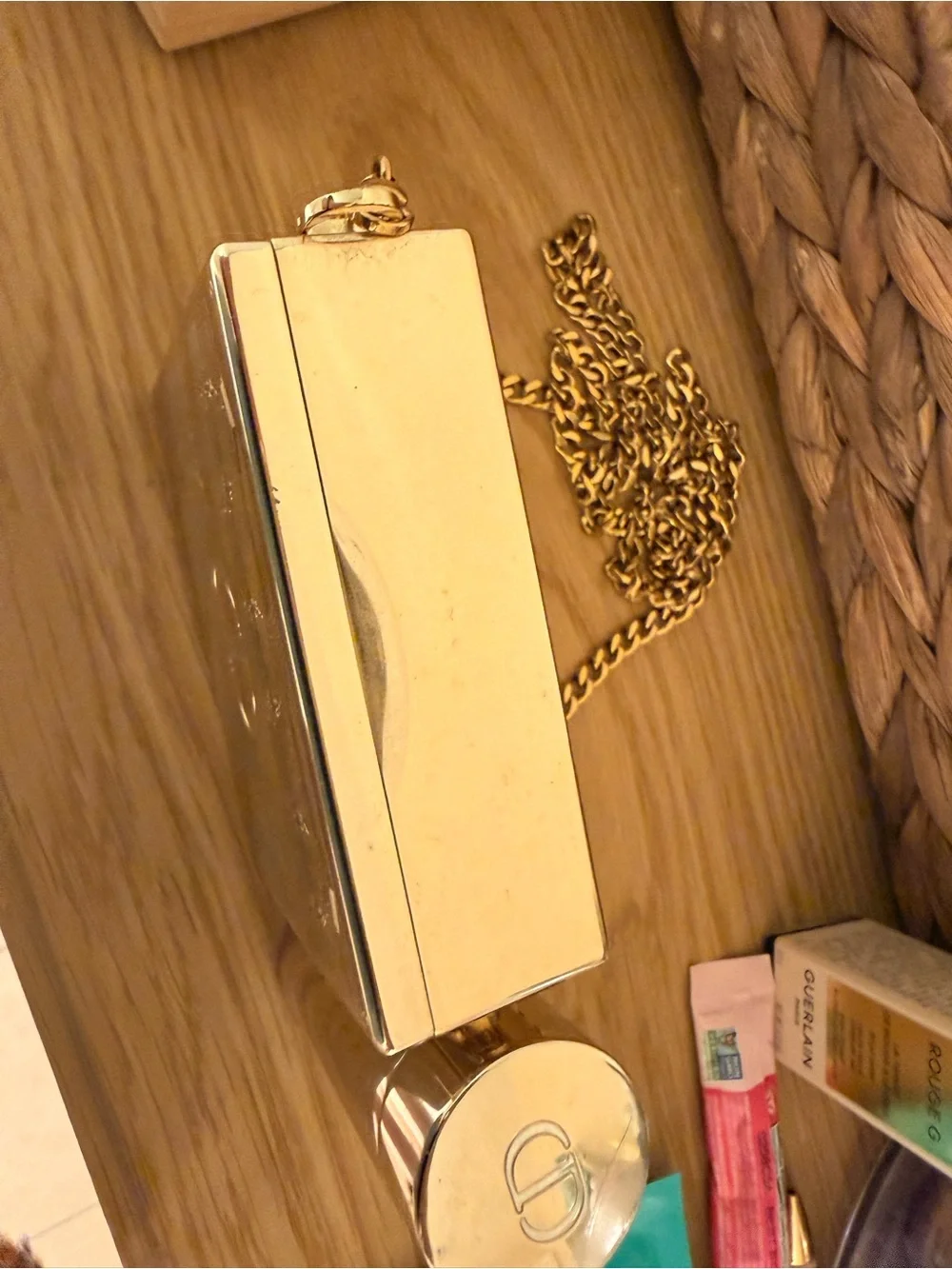 Dior Metallic Gold Box Clutch with Cylindrical Accent and Chain